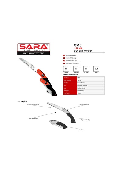 Sara S516 Katlanır Testere 180 Mm, Isıl Işlem Görmüş Ağız, Kilitli Mekanizma
