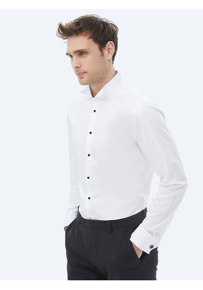 Kip Beyaz Düz Slim Fit Duble Manşet Smokin Gömlek