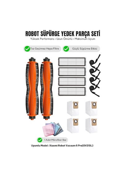 Robot Vacuum 5 Pro Ov21gl İle Uyumlu 2 Ana Fırça 4 Yan Fırça 4 Filtre 4 Toz Torbası 1 Temizlik Bezi 16.0