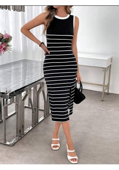 Efnaz Style Kadın Askılı Yuvarlak Yaka Şerit Detaylı Yırtmaçlı Midi Triko Elbise Siyah