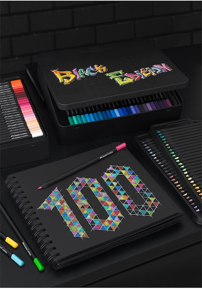 Faber-Castell Black Edition renkli kalemler, 100'lü metal kutu, kırılmaz, çocuklar ve yetişkinler için