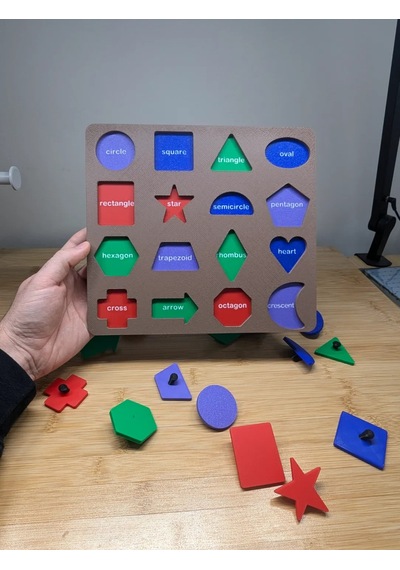 3d Baskı İngilizce Etiketli Şekil Tanıma Puzzle Tahtası - 16 Geometrik Şekil, Bilişsel Gelişim Ve Kelime Öğrenme Seti