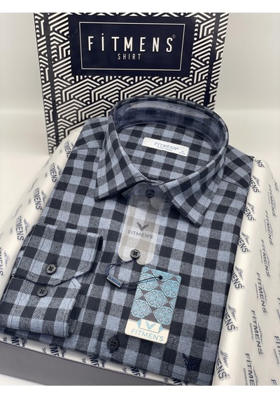 Klasik Uzun Kol Kışlık %100 Cotton Kareli Yaka Alttan Düğmeli Hediye Kutulu Erkek Gömlek Fs-001988 - Antrasit-1372