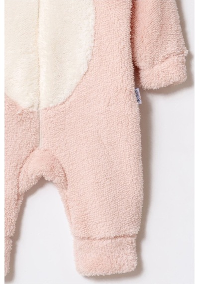 Unisex Bebek Kapüşonlu Tavşan Desenli Peluş Tulum Bej