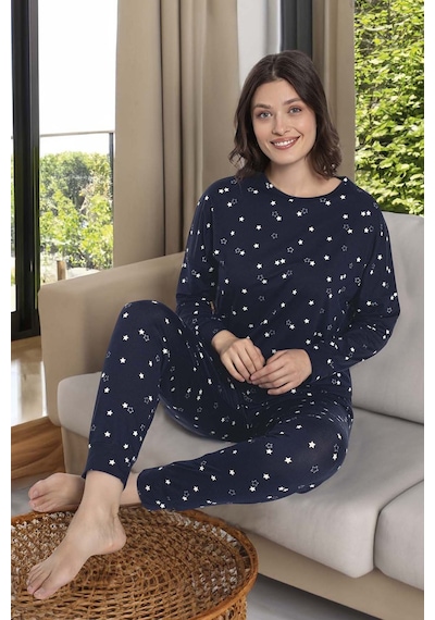 Aydoğan Kadın Yıldız Desen Uzun Kol Pijama Takımı 240928 Lacivert Lacivert
