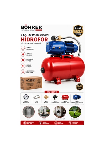 Böhrer Ba011423 8 Kat 25 Daire Kadar Uygun 100l 2hp Otomatik Aç Kapa Hidrofor - Bakır Sargılı