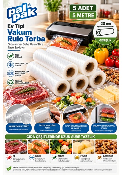 Ev Tipi Vakum Rulo En:20 Cm Boy:5 Metre 5 Adet Beyaz