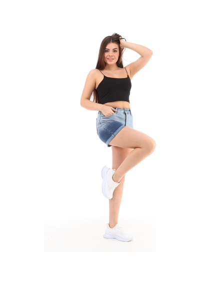 Cedy Denim Kadın Yüksek Bel Duble Paça Kot Şort Klasik Mini Jean Şort C604 Mavi