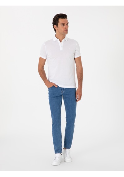 Beyaz Slim Fit Polo Yaka Pamuklu Basic T-shirt