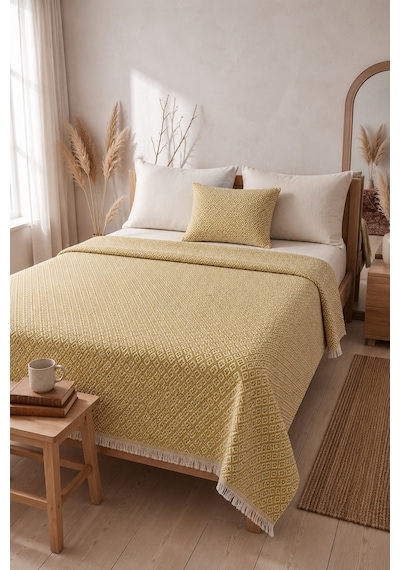 Dokuma Pike Çiftkişilik 200x220 Çok Amaçlı Bohem Yatak Örtüsü Hardal