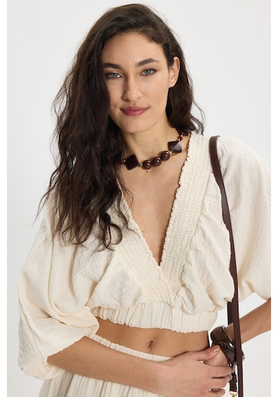 Tudors Kadın Oversize Geniş Kesim %100 Pamuk Kruvaze Yaka Crop Fırfırlı Ekru Şort Etek Takım-50561