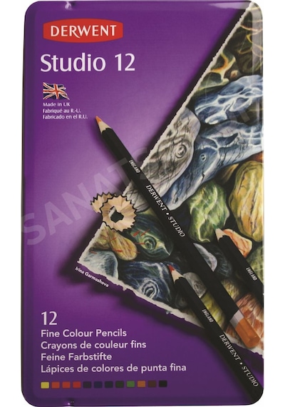 Derwent Studio Pencils Kuruboya Kalemi Teneke Kutu 12 Renk