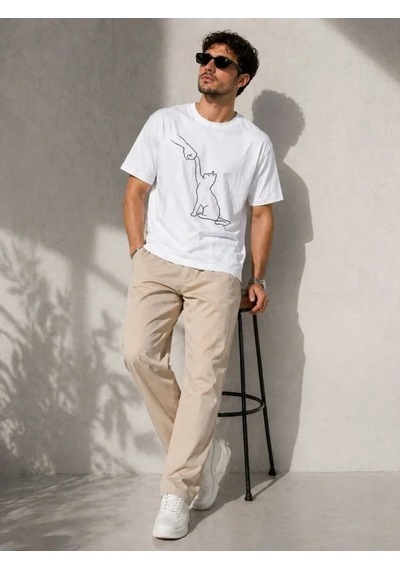 Defymoda Erkek Minimal Kedi Çizim Baskılı Tişört Kısa Kol Yazlık T-shirt - Beyaz