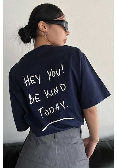 Flood Of Style Unisex Hey You Baskılı T-shirt Lacivert