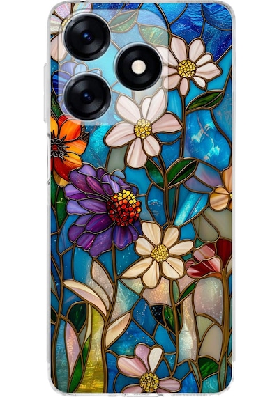 Printify Tecno Spark 10c İle Uyumlu Vitray Mavi Bahar Tasarımlı Şeffaf Silikon Kılıf Şeffaf