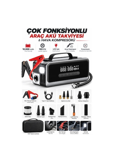 Kensa Hp-14 Oto Akü Takviye Cihazı 18000 Mah Powerbank Lastik Şişirme Kompresörü Şarjlı Araç Süpürge