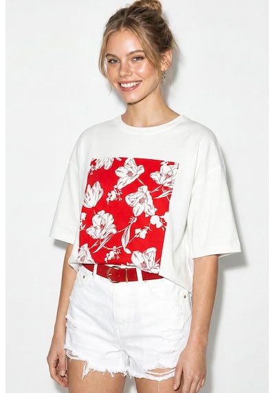 Shade Kadın Bisiklet Yaka Çiçek Baskılı Oversize %100 Pamuklu T-shirt Öt100001 60286273 - Beyaz-kırmızı Beyaz - Kırmızı