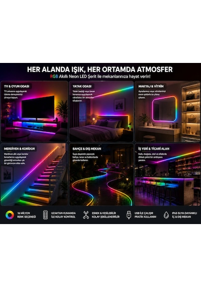 Cata Ct-4567 Rgb Akıllı Neon Led Şerit 5 Metre Kumandalı Renk Değiştiren Ip65 Suya Dayanıklı Led Işık 5 Metre Rengarenk