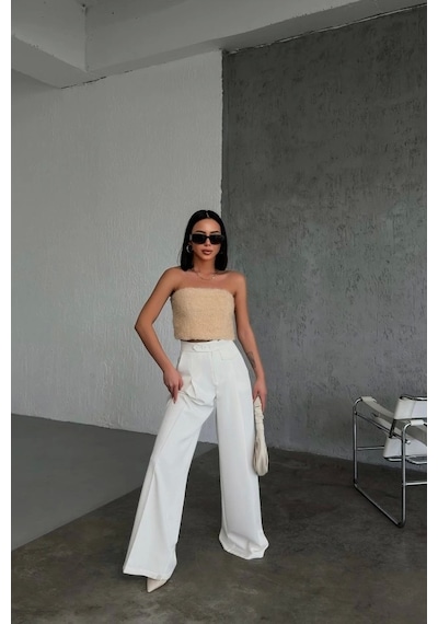 Defymoda Üç Düğme Detayli Palazzo Pantolon Beyaz Defymoda Üç Düğme Detayli Palazzo Pantolon Beyaz