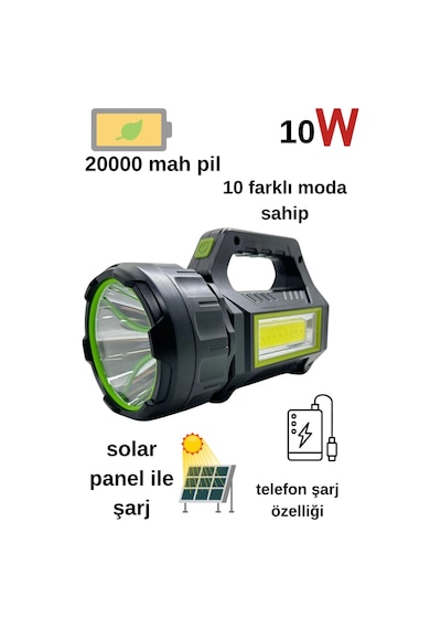Ps-t95 10w Uzun Menzilli Solar Panelli Usb Çıkış S.o.s Lu Ultra Güçlü Ledli Şarjlı Feneri Siyah