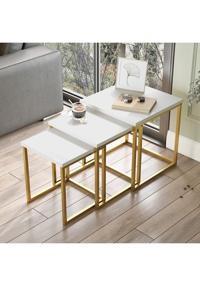 Atlantis 3'lü Gold Metal Zigon Sehpa Beyaz Atl7-w Beyaz