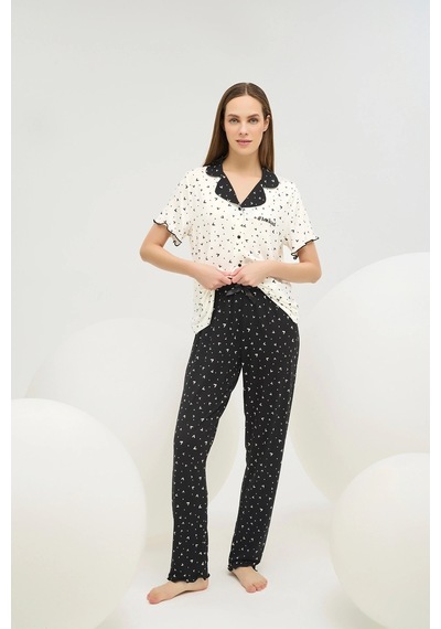 Sevim 16690 Kadın Baskılı Düğmeli Pijama Takım 25y Ekru