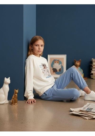 Kız Çocuk Kedi Baskılı Oversize Tasarım Sweatshirt-16487 Ekru