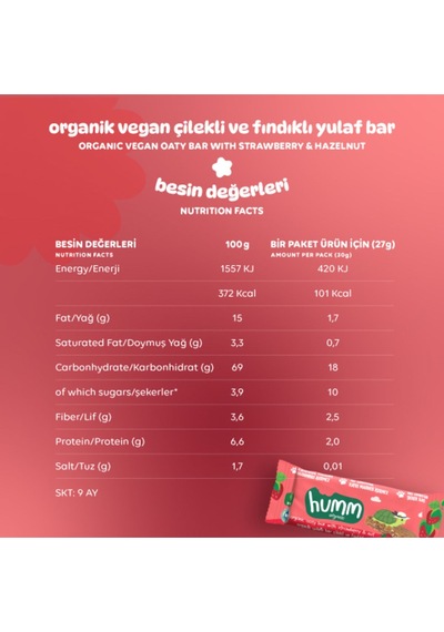 Hummorganic Organik Vegan Çilekli ve Fındıklı Yulaf Bar - 6 adet