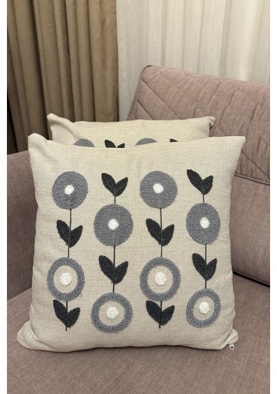 Punch İşlemeli Modern Tasarım Dekoratif 2'li Kırlent Kılıfı Nakışlı Keten 43x43 Cm Gri-beyaz-antrasit