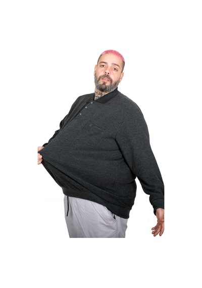 Mode Xl Büyük Beden Erkek Cepli Selanik Polo Sweatshirt 20441 Antrasıt Antrasit