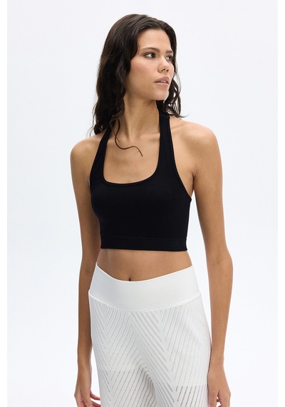 Subtone Boyundan Geçmeli Ribli Crop Top Siyah