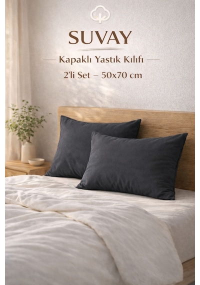 2'li Yastık Kılıfı Antrasit Pamuklu Kapaklı 50x70 Cm