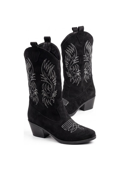V.s.h Velvet Sara Kadın Western Basklılı Siyah Kovboy Çizme -2554