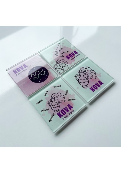 Decorita Cam Bardak Altlığı Burçlar - Kova Burcu 4'lü Takım Çok Renkli