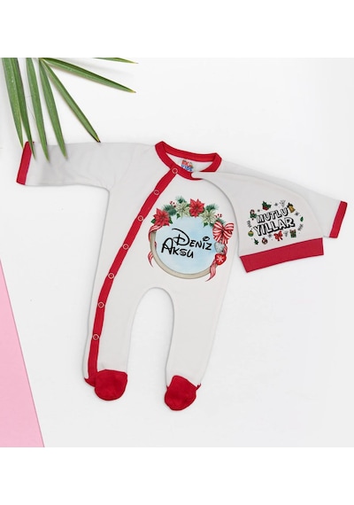 Bk Kids Bk Gift Kişiye Özel Yılbaşı Temalı Tulum Zıbın Ve Kukuletalı Şapka Seti-6 Çok Renkli