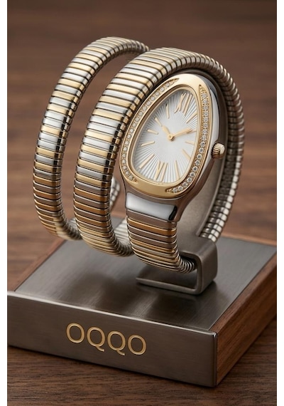 Kora Taşlı Gri Kadran Gold-gümüş Kordon Yılan Model Kadın Kol Saati Altın