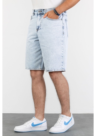 HLT Jeans Erkek Mavi Kar Yıkamalı Baggy Fit Rahat Kesim %100 Pamuk Denim Loose Jeans Kot Şort Arthur-Mavikar 001