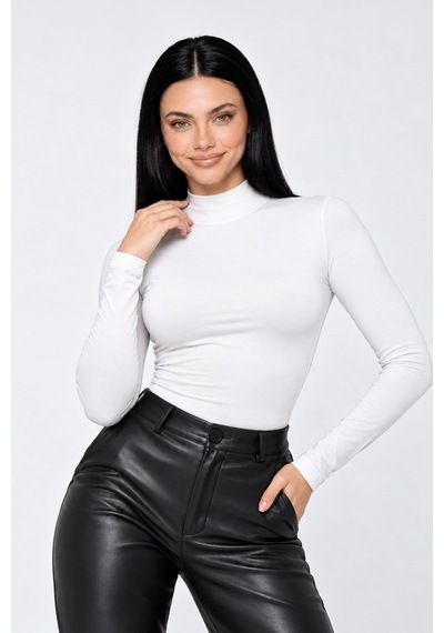 Cottonhıll Premium - Drape Collection Beyaz Viskon Balıkçı Yaka Uzun Kollu Çıtçıtlı Kadın Bodysuit