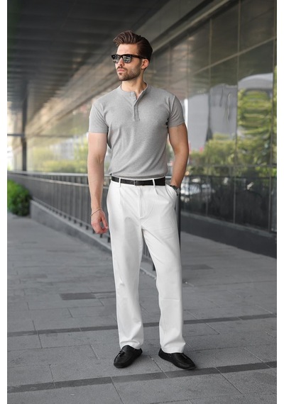 Madmext Grimelanj Slim Fit Hakim Yaka Triko Erkek Tişört E7189 Gri Melanj