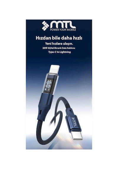 30w Pd Type-c To Apple iPhone Uyumlu Lightning Dijital Watt Göstergeli Hızlı Şarj Kablosu 1 Metre Siyah Mt2156