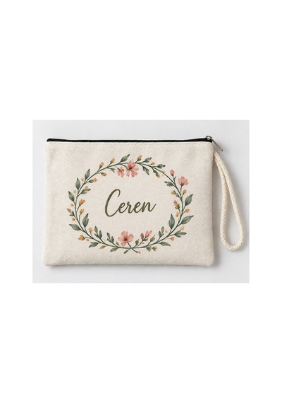 Kişiye Özel Çiçek Çelengi Baskılı Fermuarlı Makyaj Çantası Bozuk Para Cüzdanı Clutch Model 01302