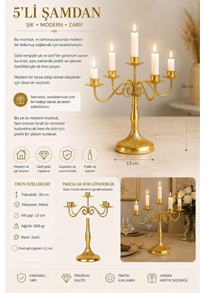 5 Gözlü Şık Restoran Düğün Şamdan Dekoratif Metal Mat Gold Mumluk Mt282sr Diğer