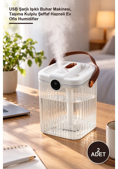 2 Adet 2 Litre Hava Nemlendirici Usb Şarjlı Işıklı Buhar Makinesi, Taşıma Kulplu Şeffaf Hazneli Ev Ofis Humidifier