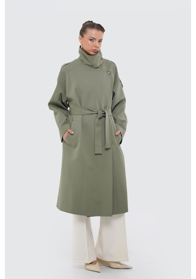 Thalure Kadın Açık Haki Dik Yaka Oversize Trençkot