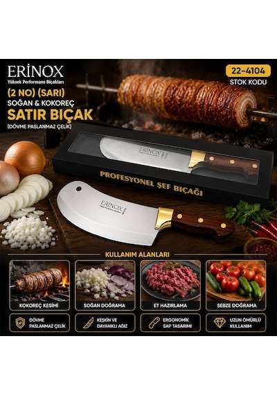Erinox Ps-0110 No 2 Zırh Satır Bıçak - Soğan Ve Kokoreç, Dövme Paslanmaz Çelik, Sarı