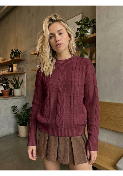 Sayzen Your Shine Saç Örgülü Basic Regular Triko Kazak Sy-2605 Bordo
