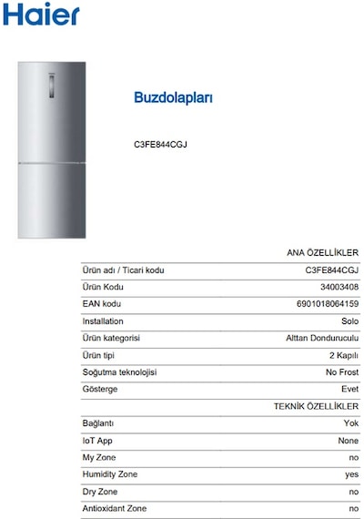 Haier C3FE844CGJ 459 LT No-Frost Kombi Tipi Buzdolabı