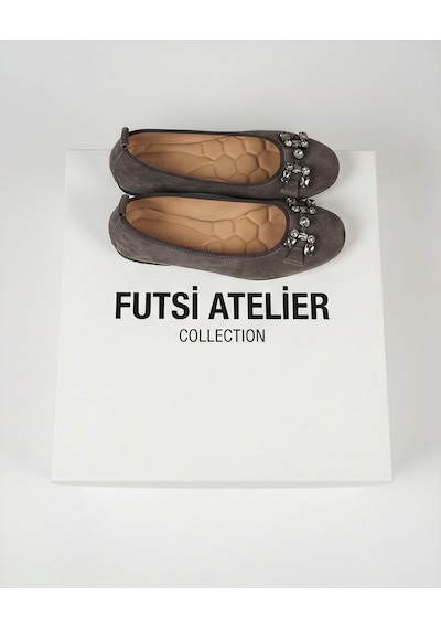 Futsishoes Mıstral Füme Süet Hakiki Deri Taş Tokalı Kadın Babet Ayakkabı Gri