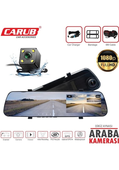 Araç Yol Kayıt Kamerası Dikiz Aynalı Ön-arka Çift Kameralı Gece Görüşlü Çakmak Fişli Full Hd 32 Gb