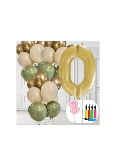 0 Yaş Balon Standlı Ve Pompalı Retro Küf Yeşili Krom Gold Kum Beji Balon Seti Gold Rakam Süsleme Çok Renkli
